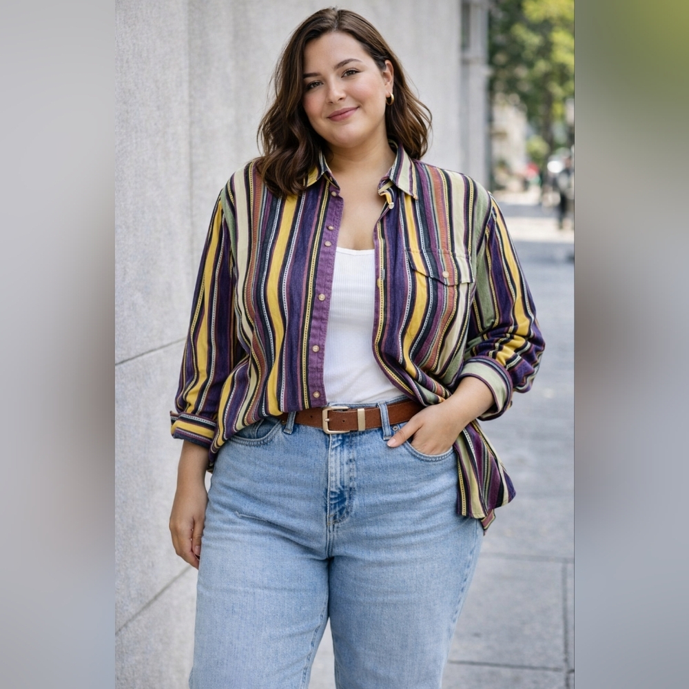 Vtg Lauren Ralph Lauren Striped Cotton Button Shirt Womens 90s Multicolor Sz XL